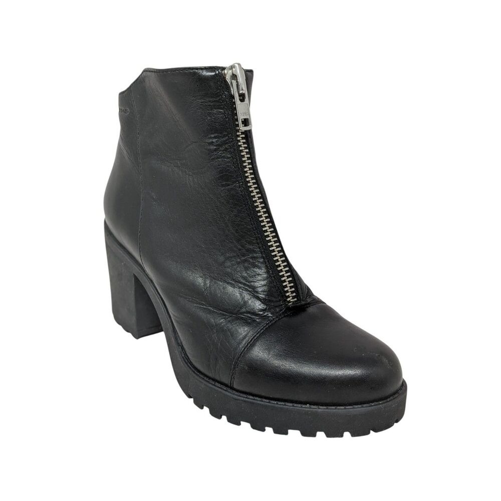 Vagabond‎ Black Leather Front Zip Ankle Boots Platform Lug Heel EU 38 US 8